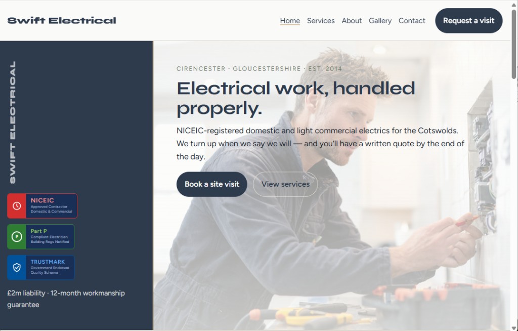 Swift Electricals — live demo site in a browser window